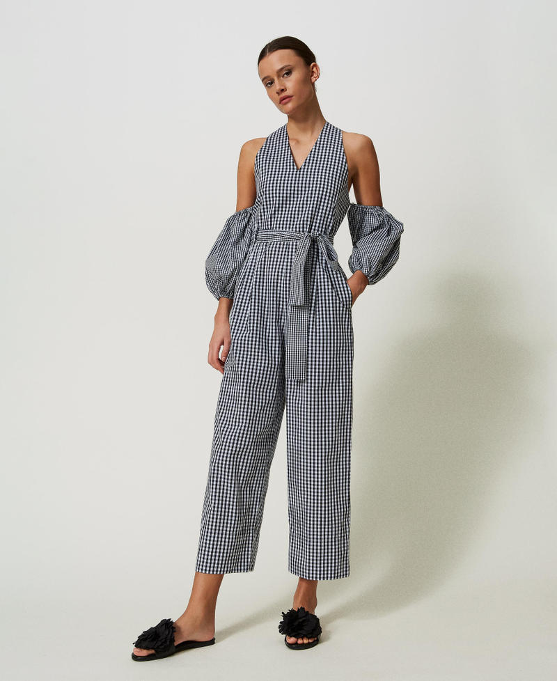 Long gingham jumpsuit with balloon sleeves Two-tone "Papyrus" White / Black Woman 241AT2065-02