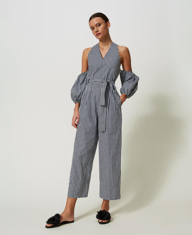 Long gingham jumpsuit with balloon sleeves Two-tone "Papyrus" White / Black Woman 241AT2065_01903_02