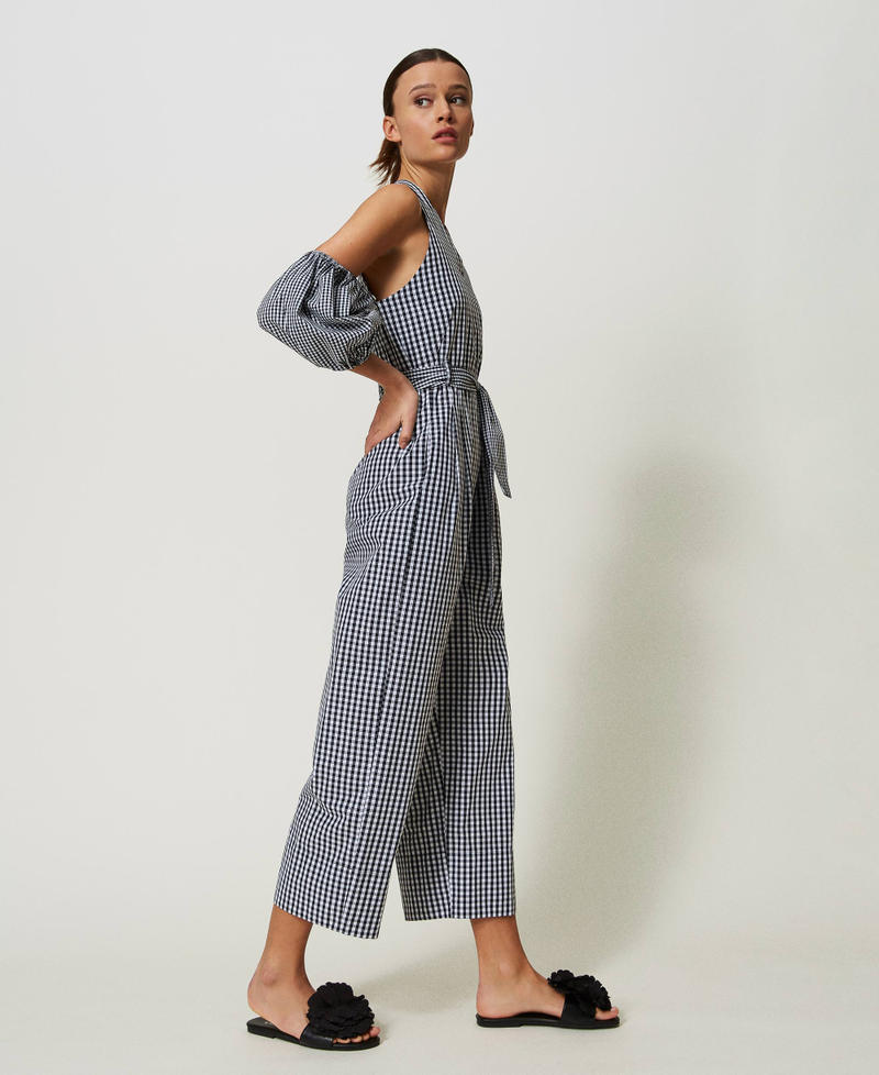 Long gingham jumpsuit with balloon sleeves Two-tone "Papyrus" White / Black Woman 241AT2065_01903_03