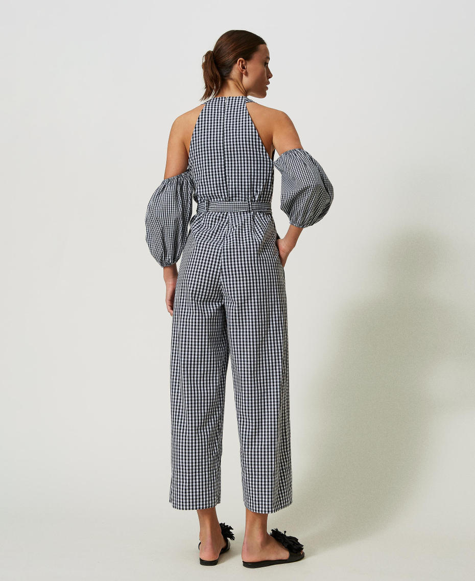 Long gingham jumpsuit with balloon sleeves Two-tone "Papyrus" White / Black Woman 241AT2065_01903_04