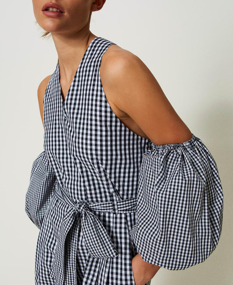 Long gingham jumpsuit with balloon sleeves Two-tone "Papyrus" White / Black Woman 241AT2065_01903_05