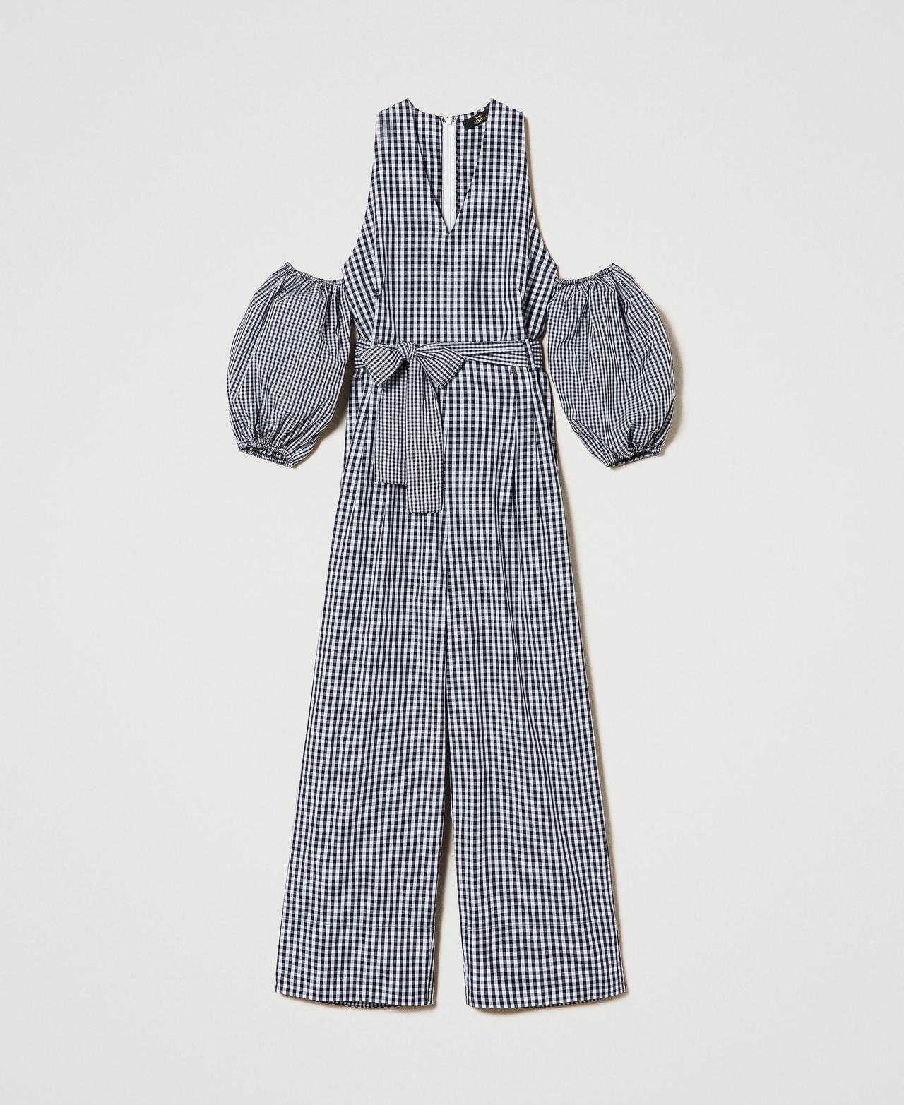 Long gingham jumpsuit with balloon sleeves Two-tone "Papyrus" White / Black Woman 241AT2065_01903_0S