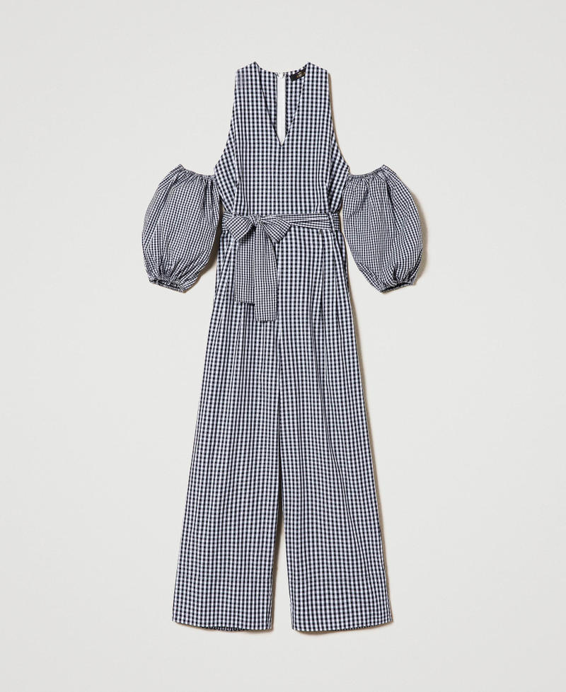 Long gingham jumpsuit with balloon sleeves Two-tone "Papyrus" White / Black Woman 241AT2065-0S
