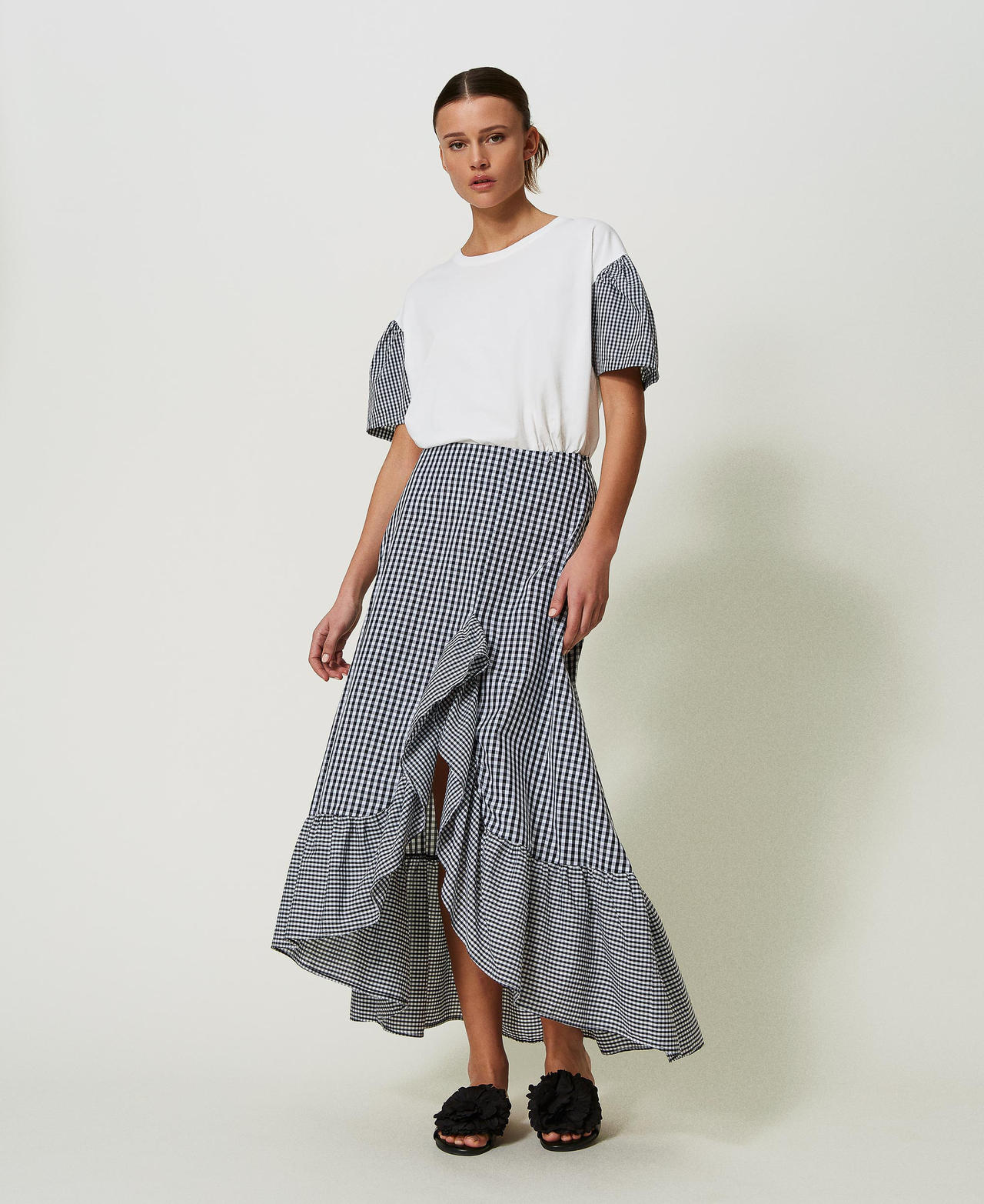 Long gingham skirt with flounce Two-tone "Papyrus" White / Black Woman 241AT2067-02