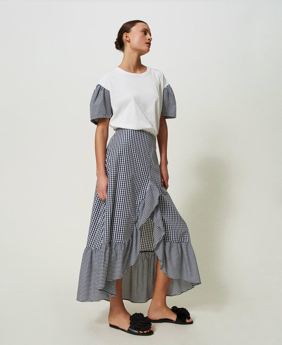 Long gingham skirt with flounce Two-tone "Papyrus" White / Black Woman 241AT2067-03
