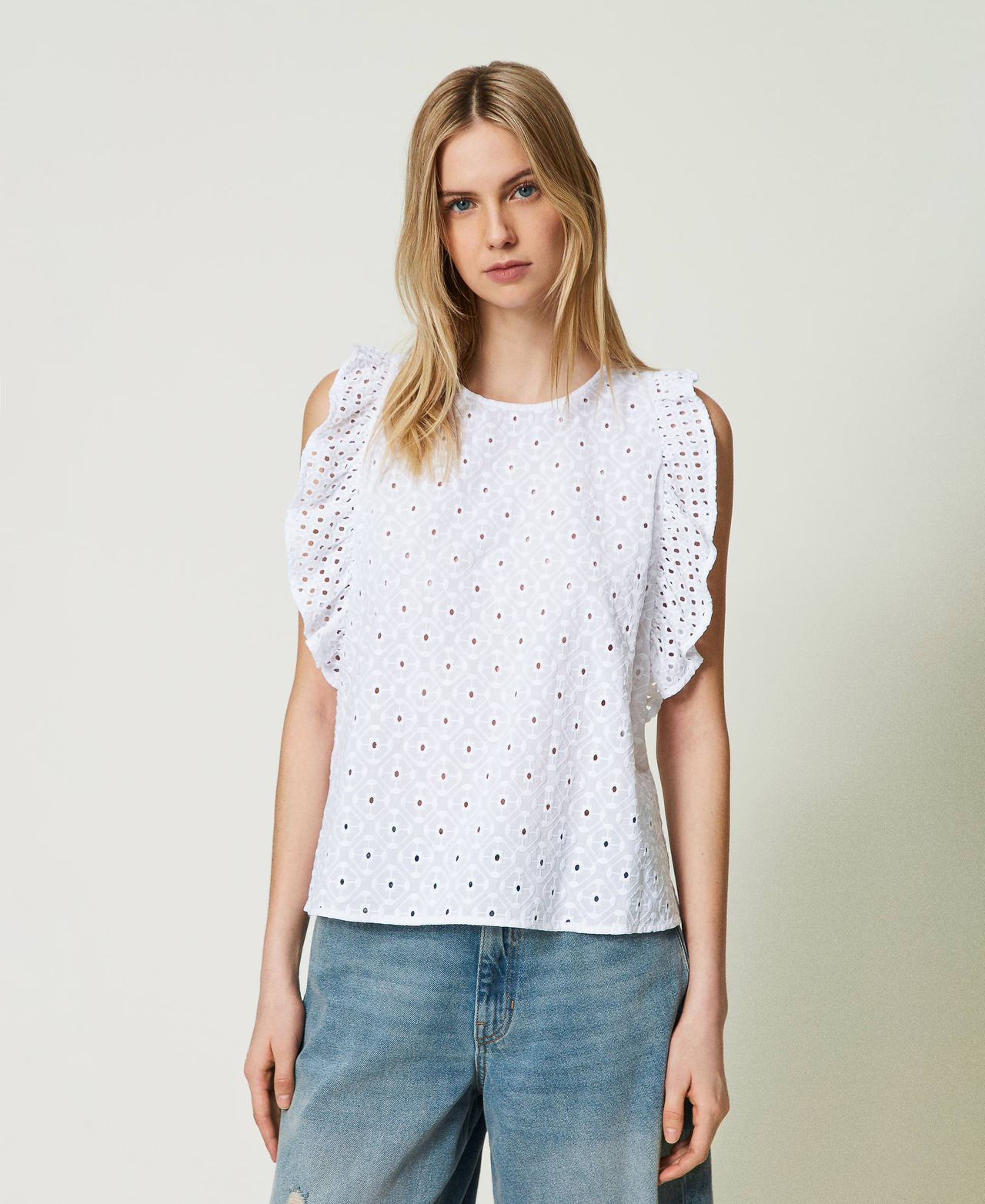 Top en broderie anglaise avec volant Rouge « Scarlet Ibis » Femme 241AT2070-02