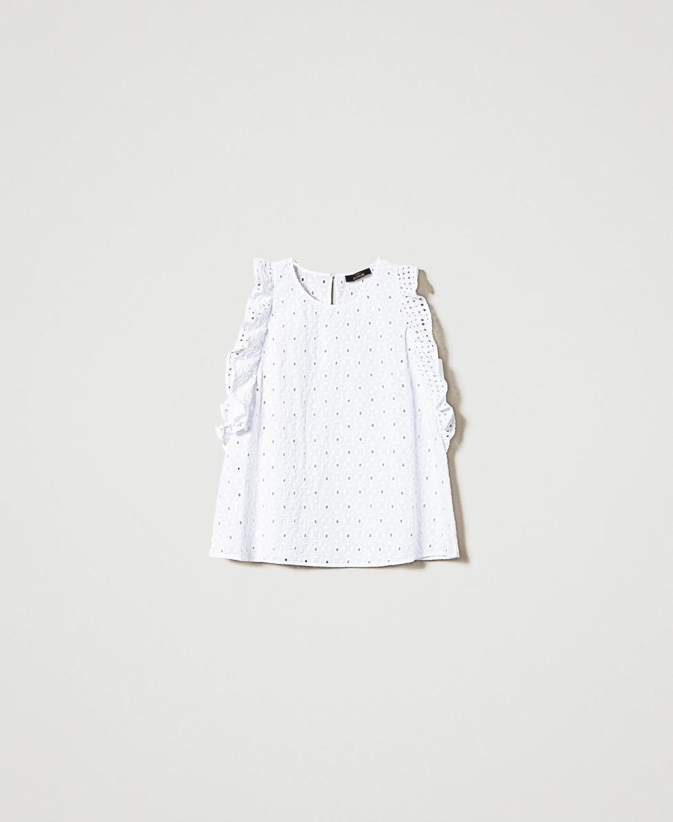Broderie anglaise top with ruffle Woman, White | TWINSET Milano