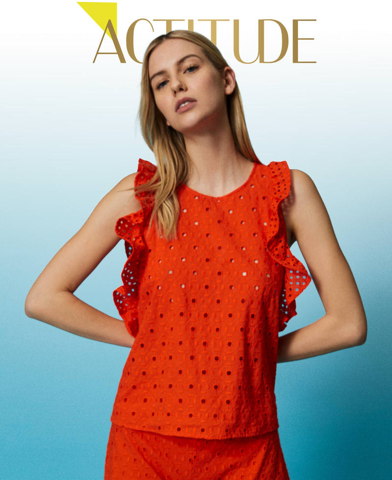 Broderie anglaise top with ruffle "Scarlet Ibis” Red Woman 241AT2070-01