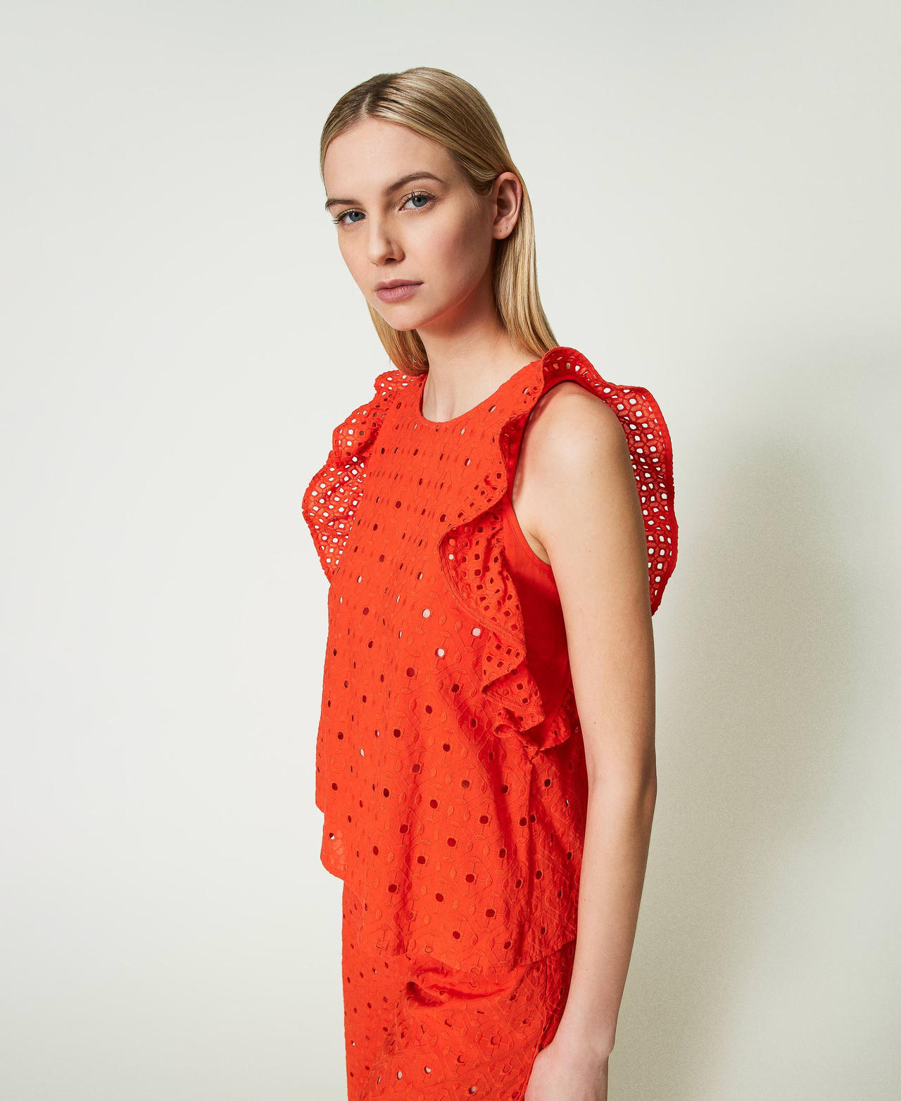 Broderie anglaise top with ruffle "Scarlet Ibis” Red Woman 241AT2070-02