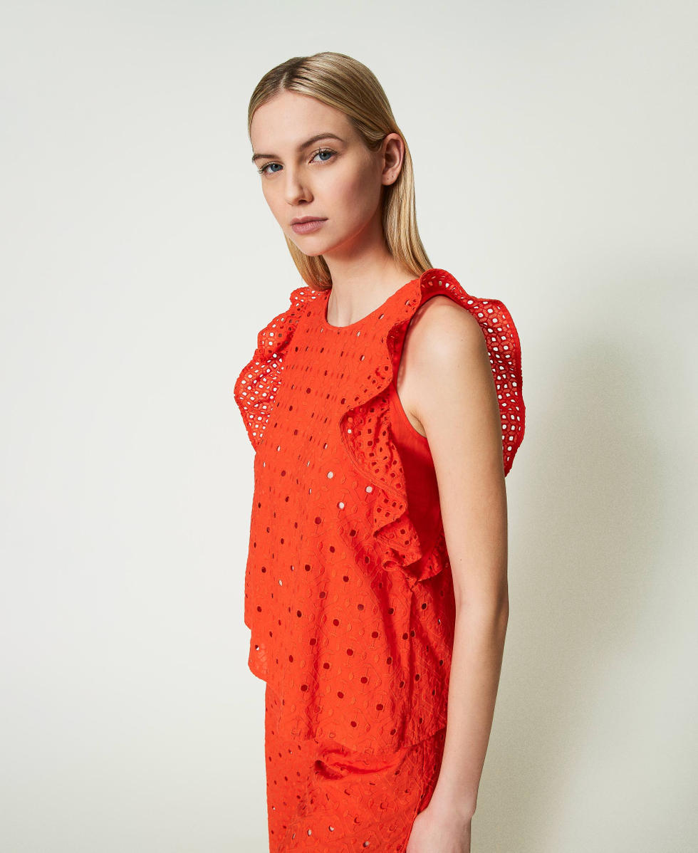 Broderie anglaise top with ruffle "Scarlet Ibis&rdquo; Red Woman 241AT2070_11514_02