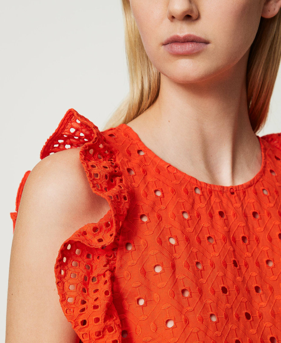 Broderie anglaise top with ruffle "Scarlet Ibis” Red Woman 241AT2070-04