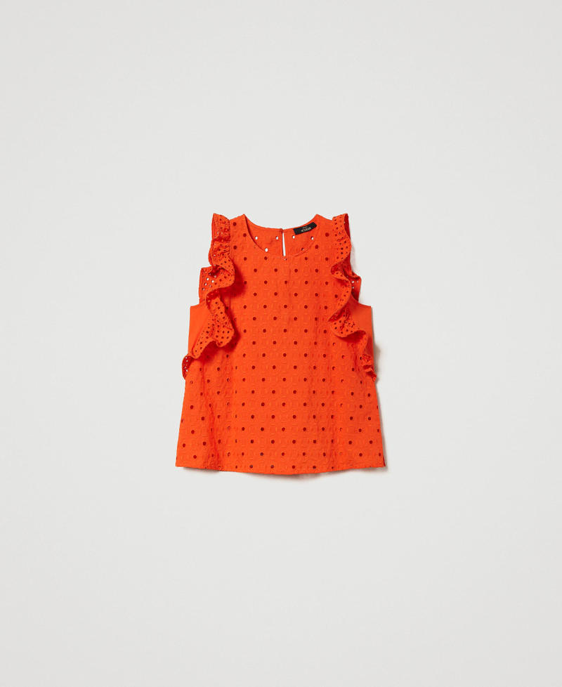 Broderie anglaise top with ruffle "Scarlet Ibis” Red Woman 241AT2070-0S