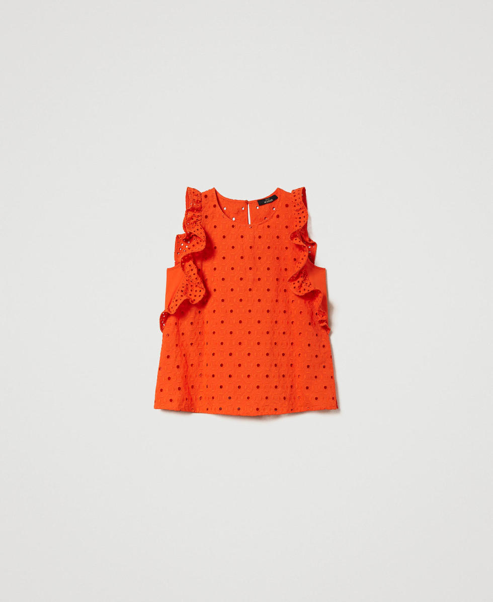 Broderie anglaise top with ruffle "Scarlet Ibis&rdquo; Red Woman 241AT2070_11514_S0