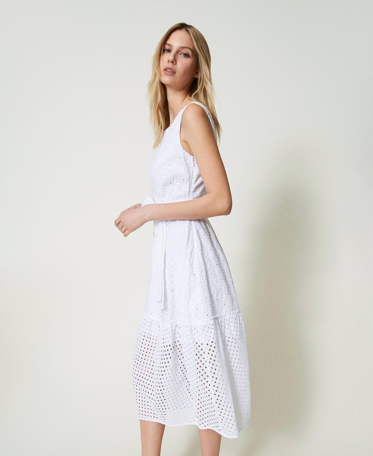 Long broderie anglaise dress with flounce