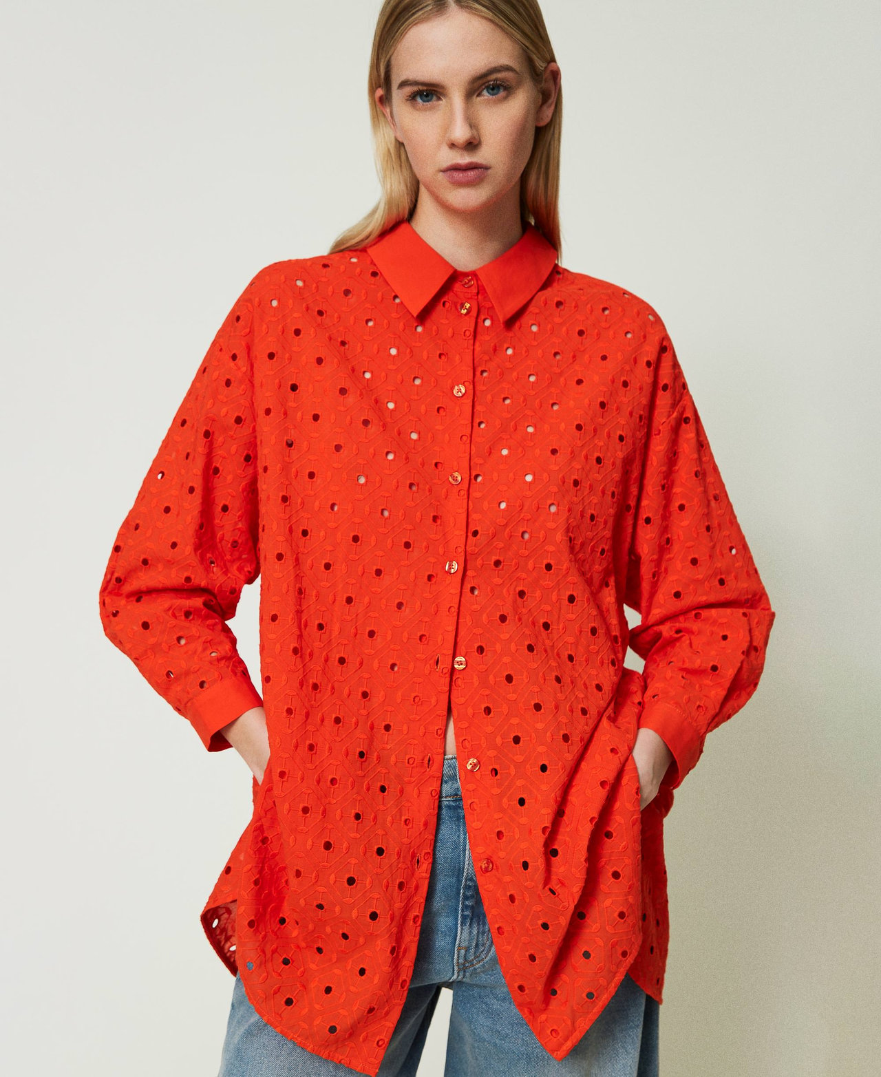 Maxi broderie anglaise shirt "Scarlet Ibis” Red Woman 241AT2074-02