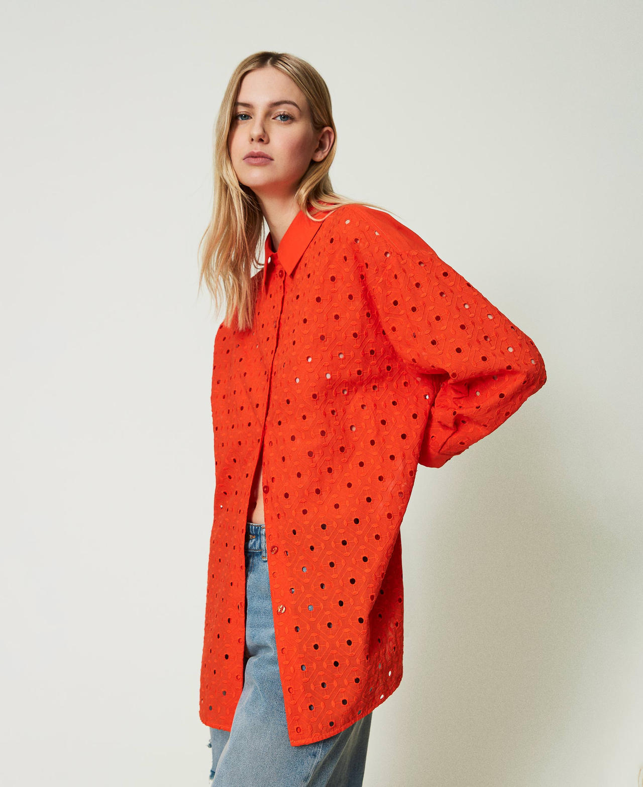 Maxi broderie anglaise shirt "Scarlet Ibis” Red Woman 241AT2074-03