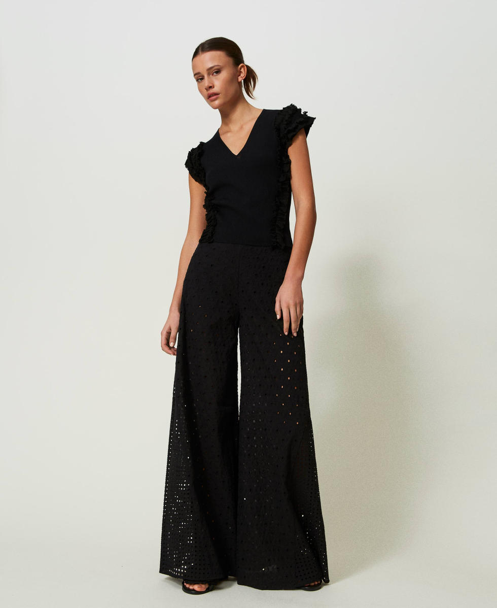Pantalon palazzo en broderie anglaise Femme Noir TWINSET Milano