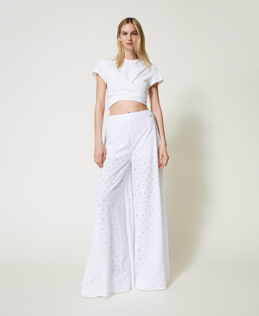 Pantal&oacute;n palazzo con bordado ingl&eacute;s Blanco "Papers" Mujer 241AT2076_00840_02