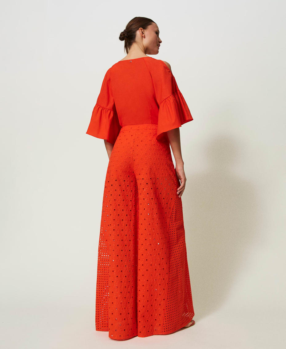 Broderie anglaise palazzo trousers "Scarlet Ibis” Red Woman 241AT2076_11514_03