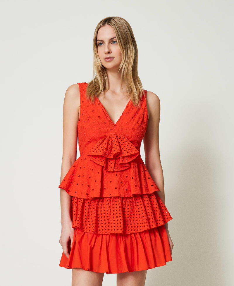 Short broderie anglaise dress with flounces "Scarlet Ibis” Red Woman 241AT2077_11514_02