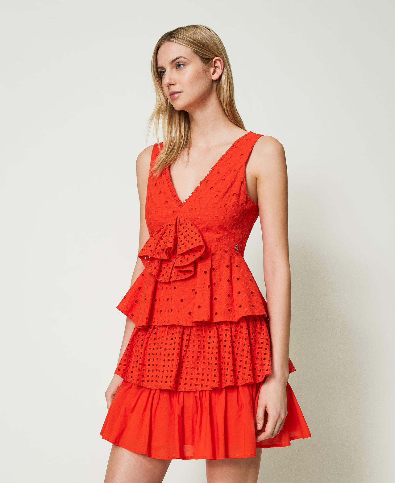 Short broderie anglaise dress with flounces "Scarlet Ibis” Red Woman 241AT2077-03