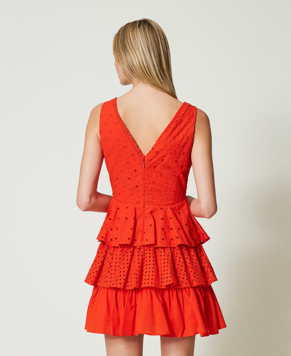 Short broderie anglaise dress with flounces "Scarlet Ibis” Red Woman 241AT2077_11514_04