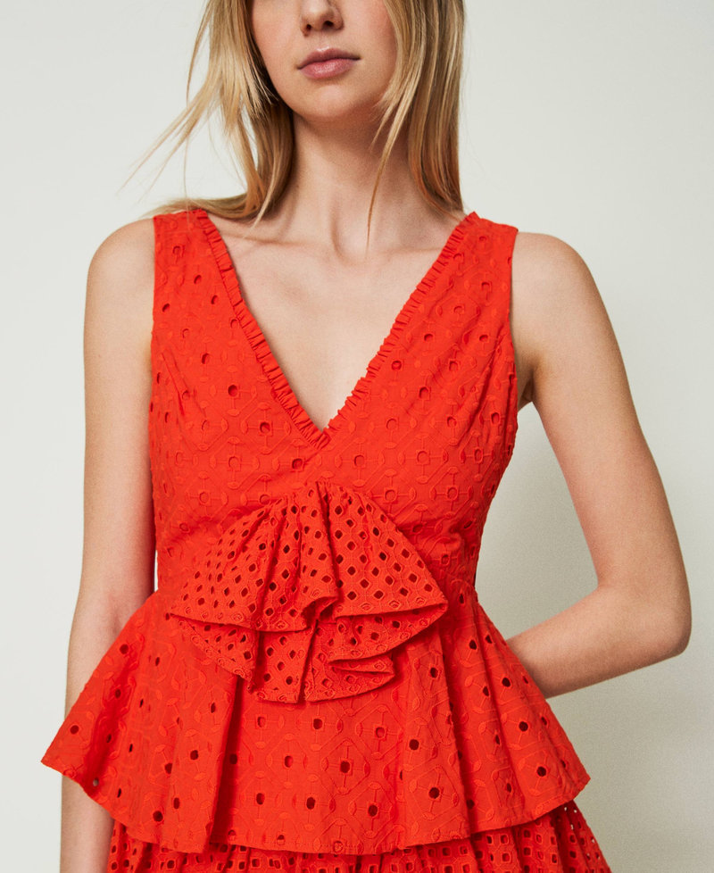 Short broderie anglaise dress with flounces "Scarlet Ibis” Red Woman 241AT2077_11514_05