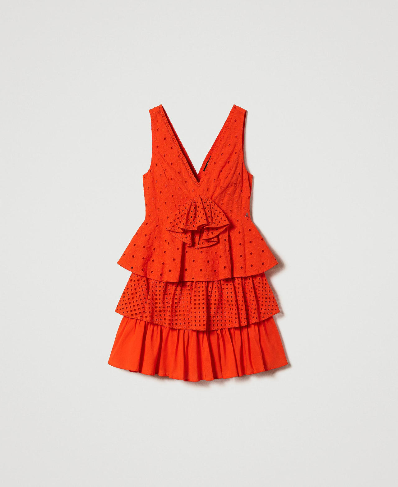 Short broderie anglaise dress with flounces "Scarlet Ibis” Red Woman 241AT2077_11514_0S