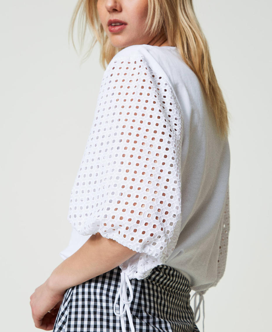 T-shirt with broderie anglaise sleeves