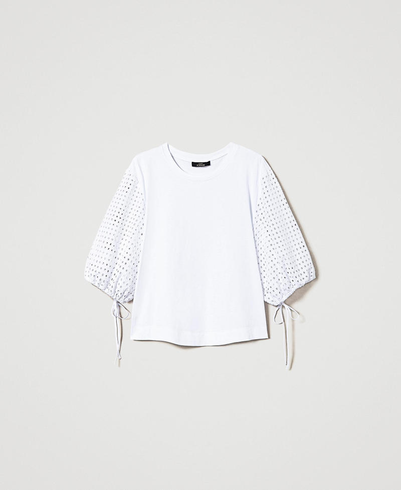 T-shirt with broderie anglaise sleeves "Papers" White Woman 241AT2078_00840_0S