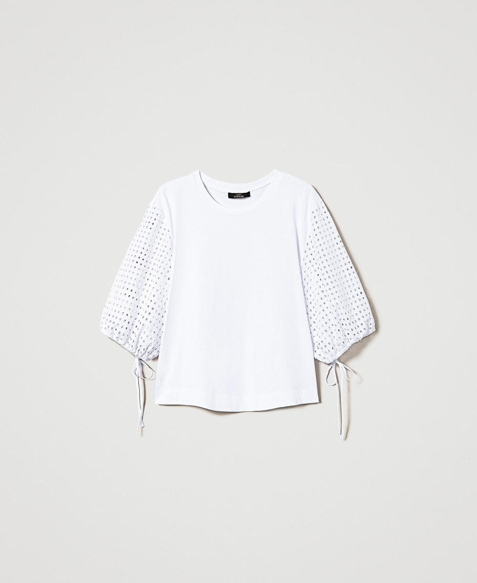 T-shirt with broderie anglaise sleeves "Papers" White Woman 241AT2078-0S