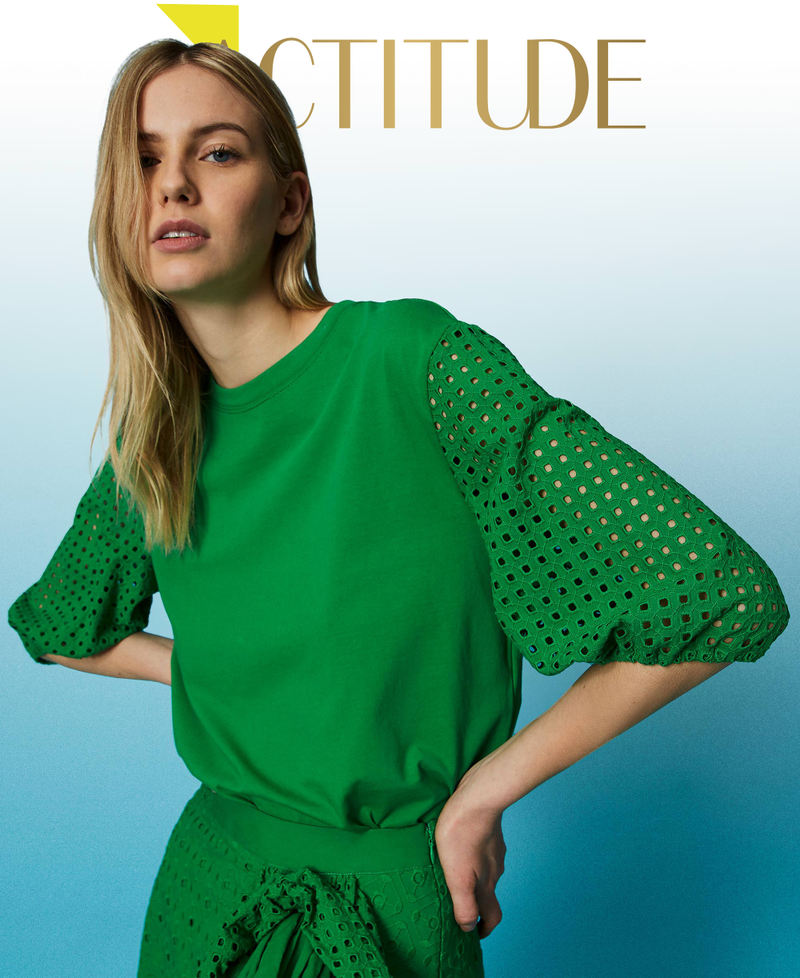 T-shirt with broderie anglaise sleeves “Fern Green” Woman 241AT2078-01