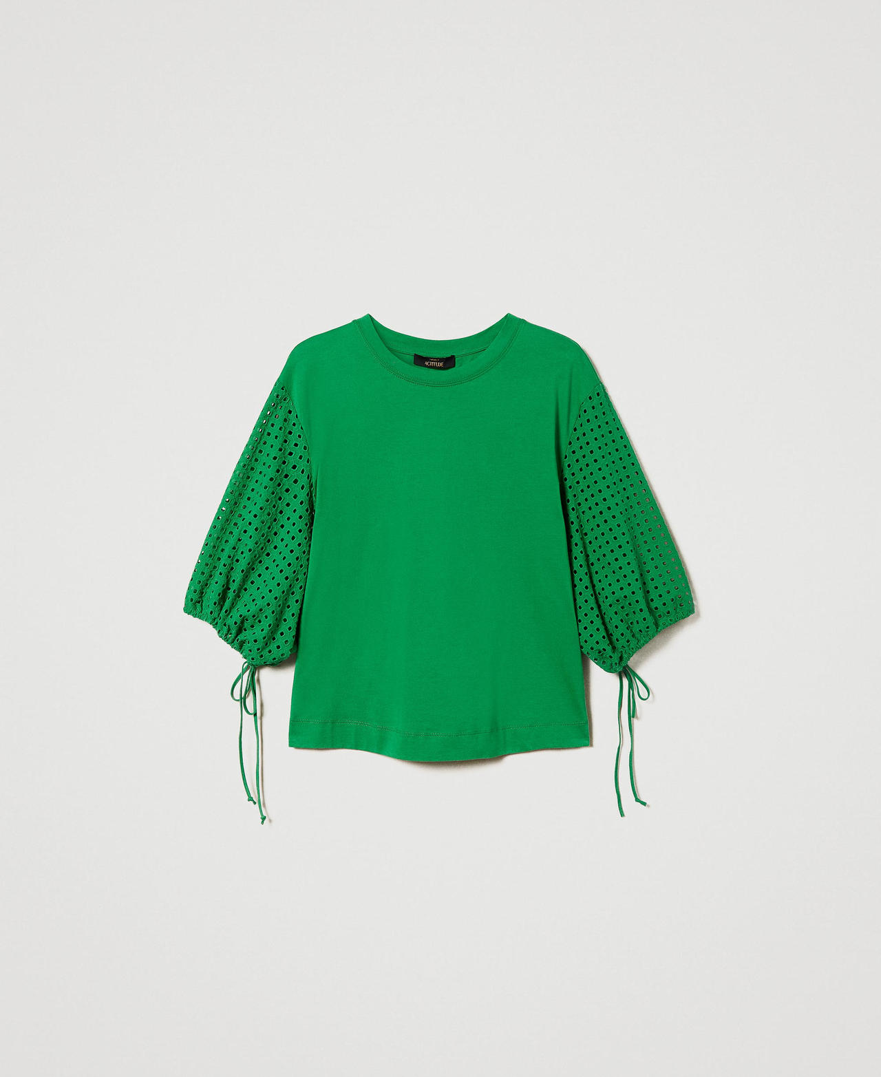 Camiseta con mangas de encaje suizo Verde "Fern Green" Mujer 241AT2078-0S