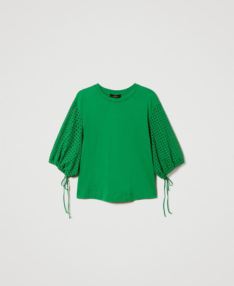 T-shirt with broderie anglaise sleeves “Fern Green” Woman 241AT2078_11512_0S