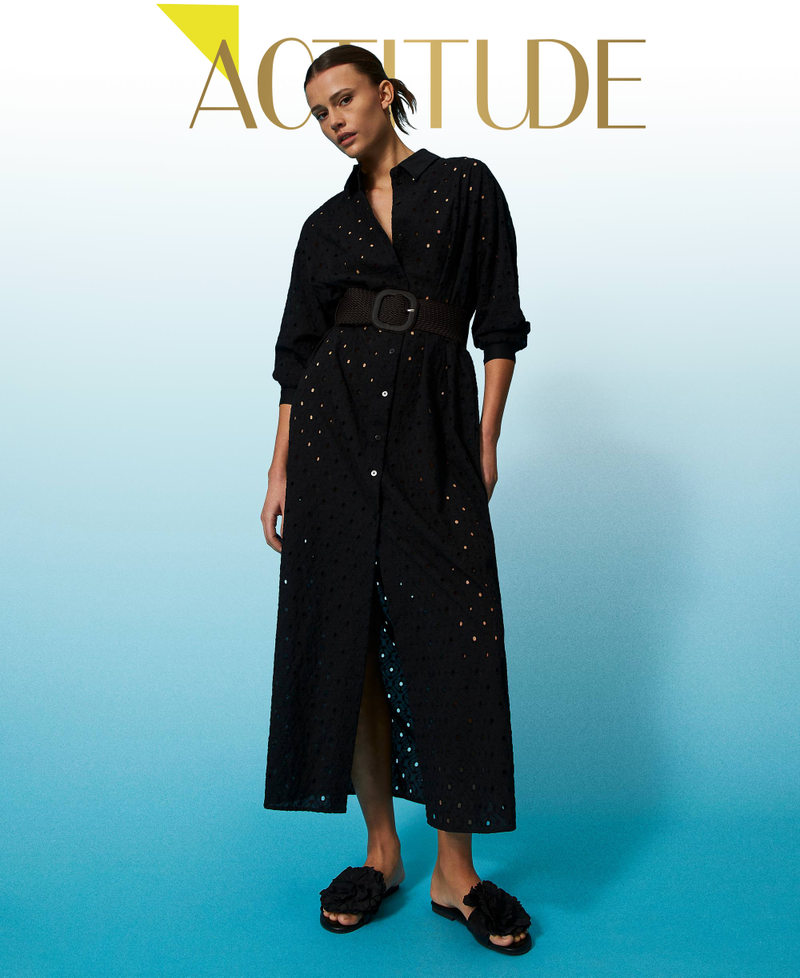 Long broderie anglaise shirt dress Black Woman 241AT2079-01