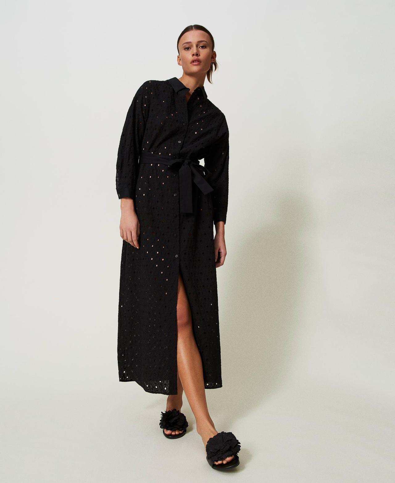Long broderie anglaise shirt dress Black Woman 241AT2079-02