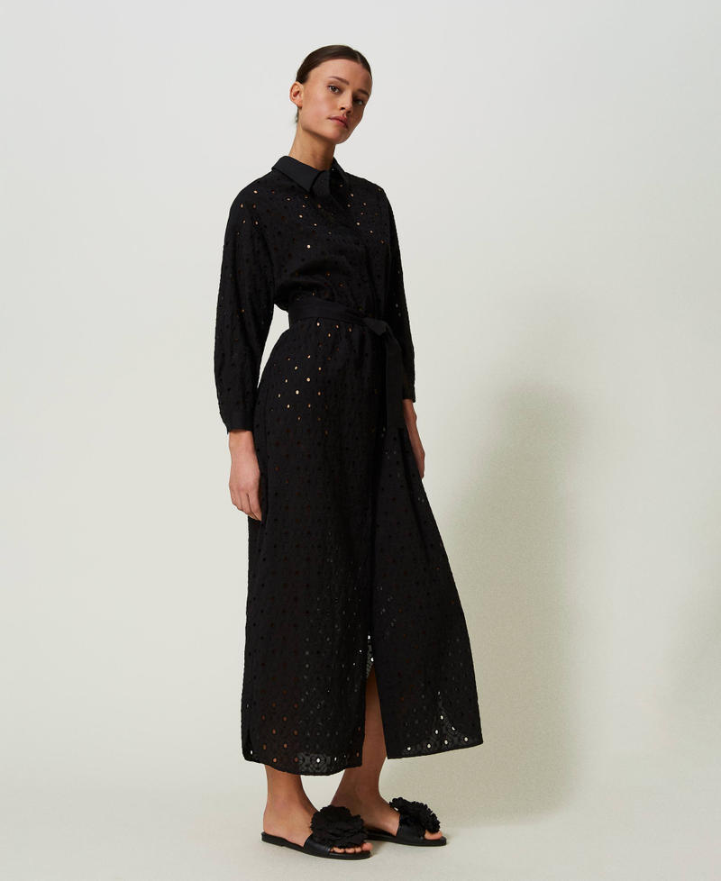 Long broderie anglaise shirt dress Black Woman 241AT2079-03