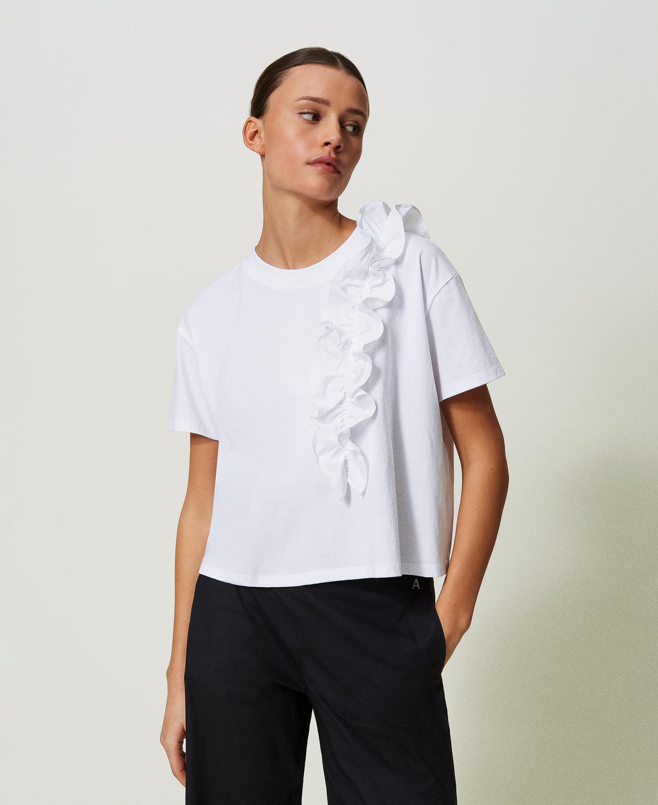 Regular t-shirt with ruffle "Papers" White Woman 241AT2082-02