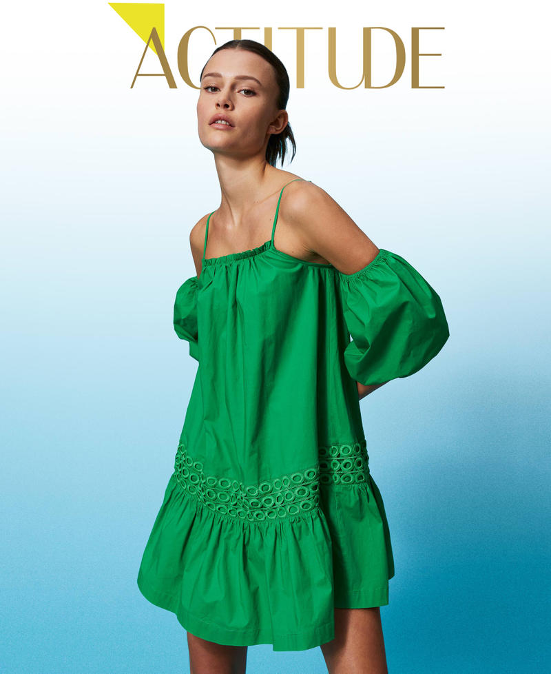 Короткое платье из поплина с рукавами-фонариками Зеленый "Зеленый Папоротник" женщина 241AT2087-01