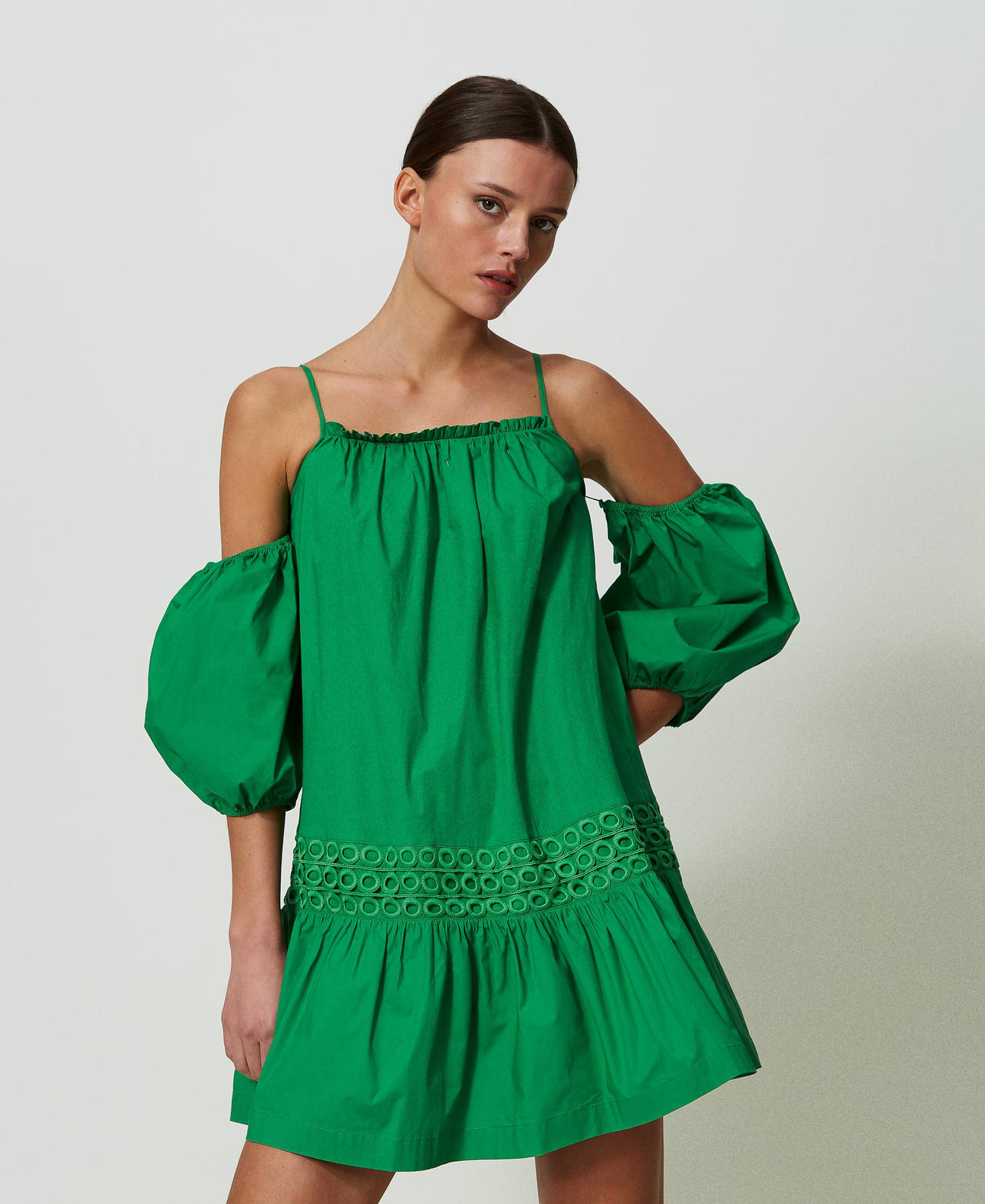 Короткое платье из поплина с рукавами-фонариками Зеленый "Зеленый Папоротник" женщина 241AT2087-02