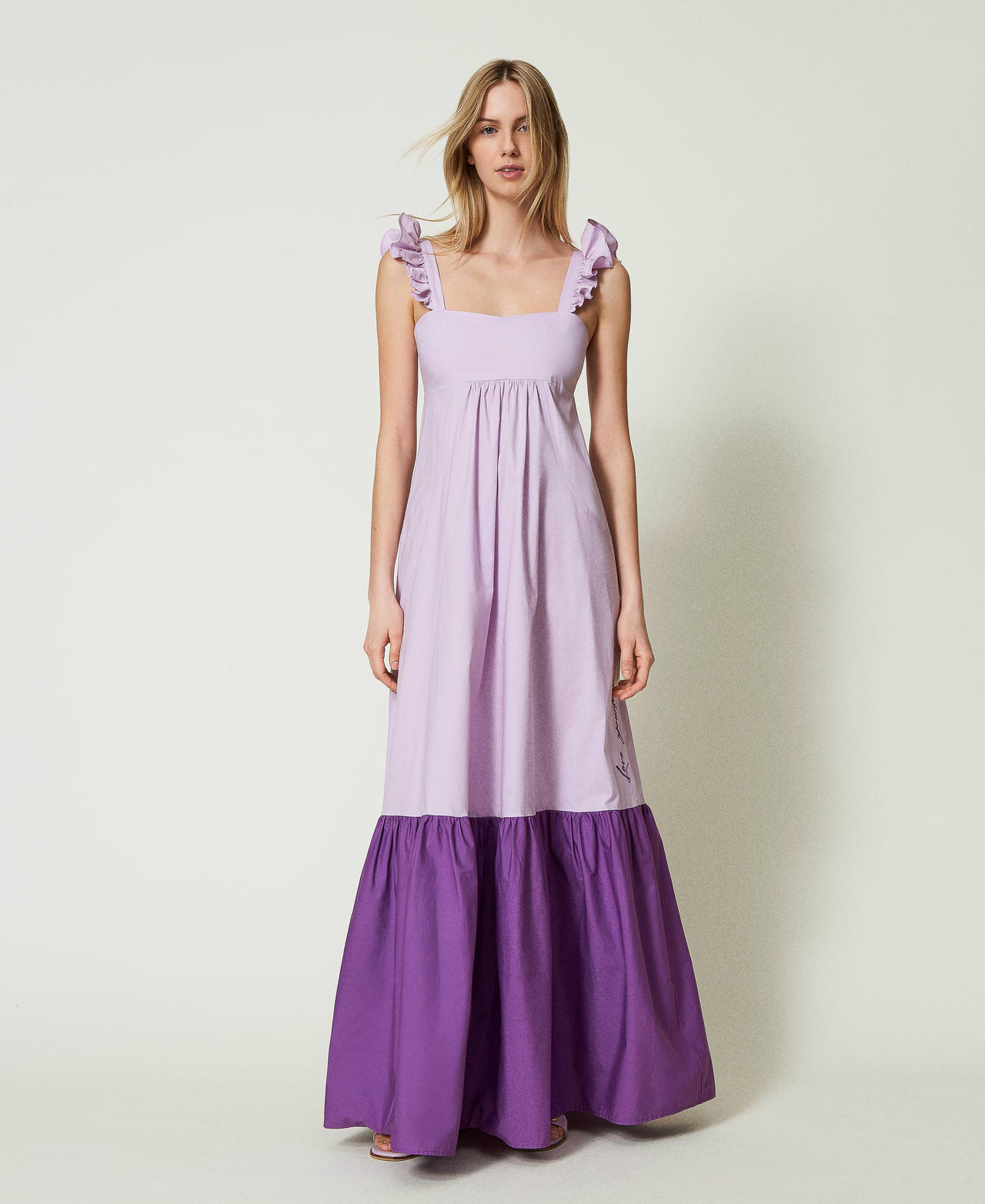 Maxikleid aus Popeline mit Volants Zweifarbig Lavendellila / Meadow Violet Frau 241AT2088-02