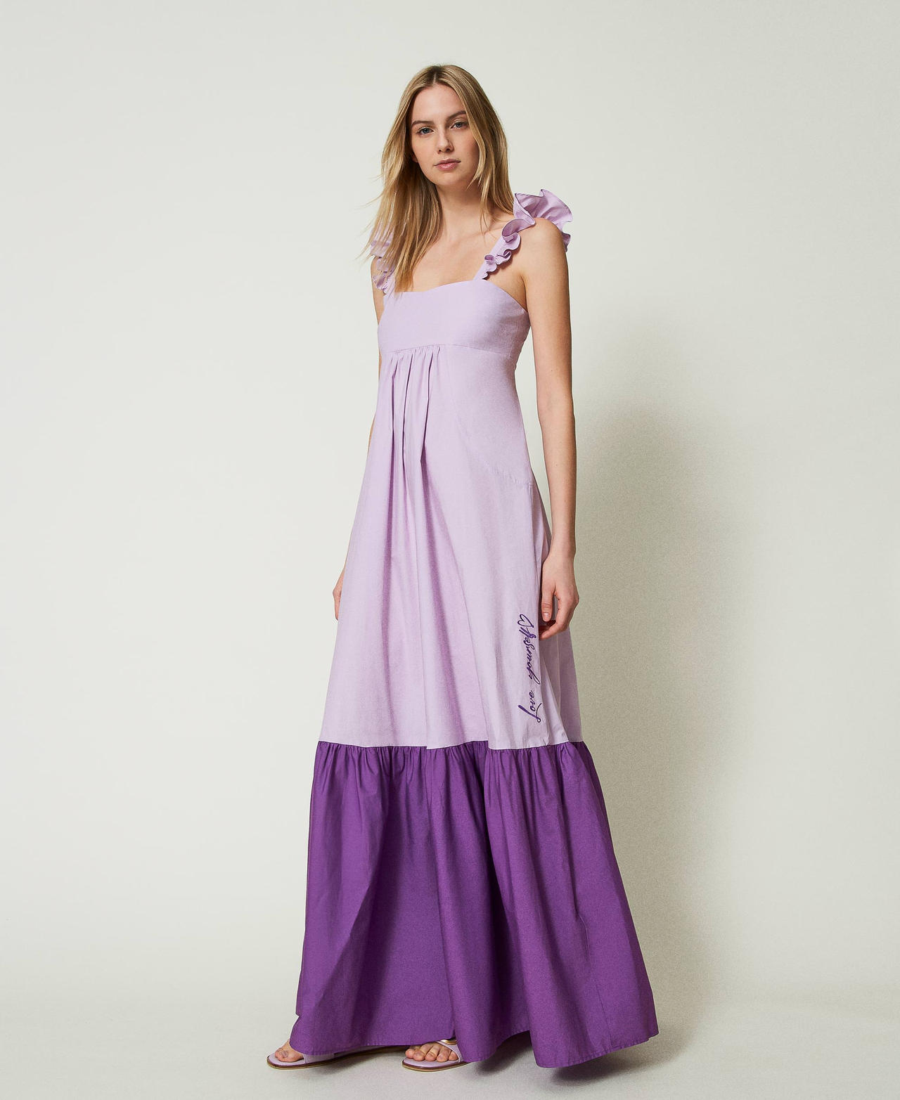Длинное платье из поплина с оборками Двухцветный Фиолетовый "Лаванда" / Луговая Фиалка женщина 241AT2088-03