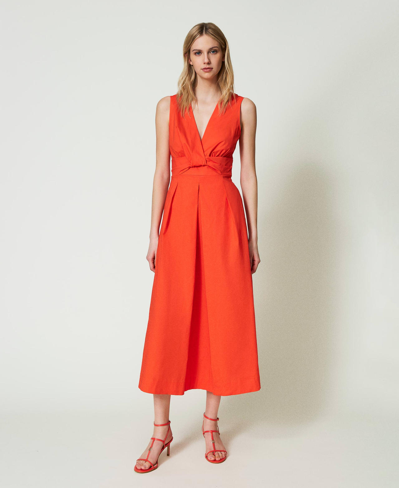 Maxikleid aus Popeline mit Knoten „Scarlet Ibis“-Rot Frau 241AT208B-02