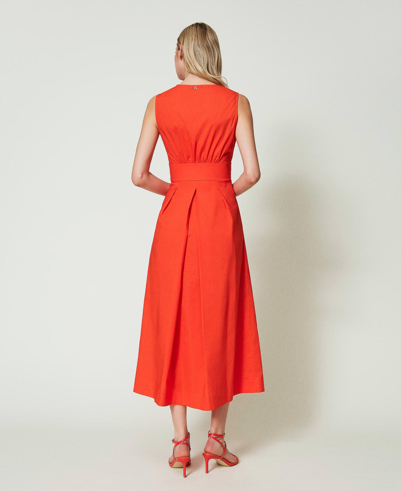 Long poplin dress with knot "Scarlet Ibis&rdquo; Red Woman 241AT208B_11514_03