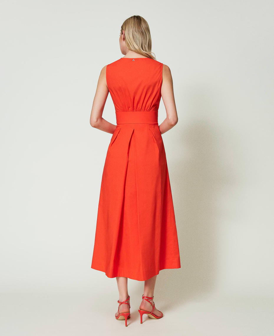 Abito lungo in popeline con nodo Rosso "Scarlet Ibis" Donna 241AT208B_11514_03