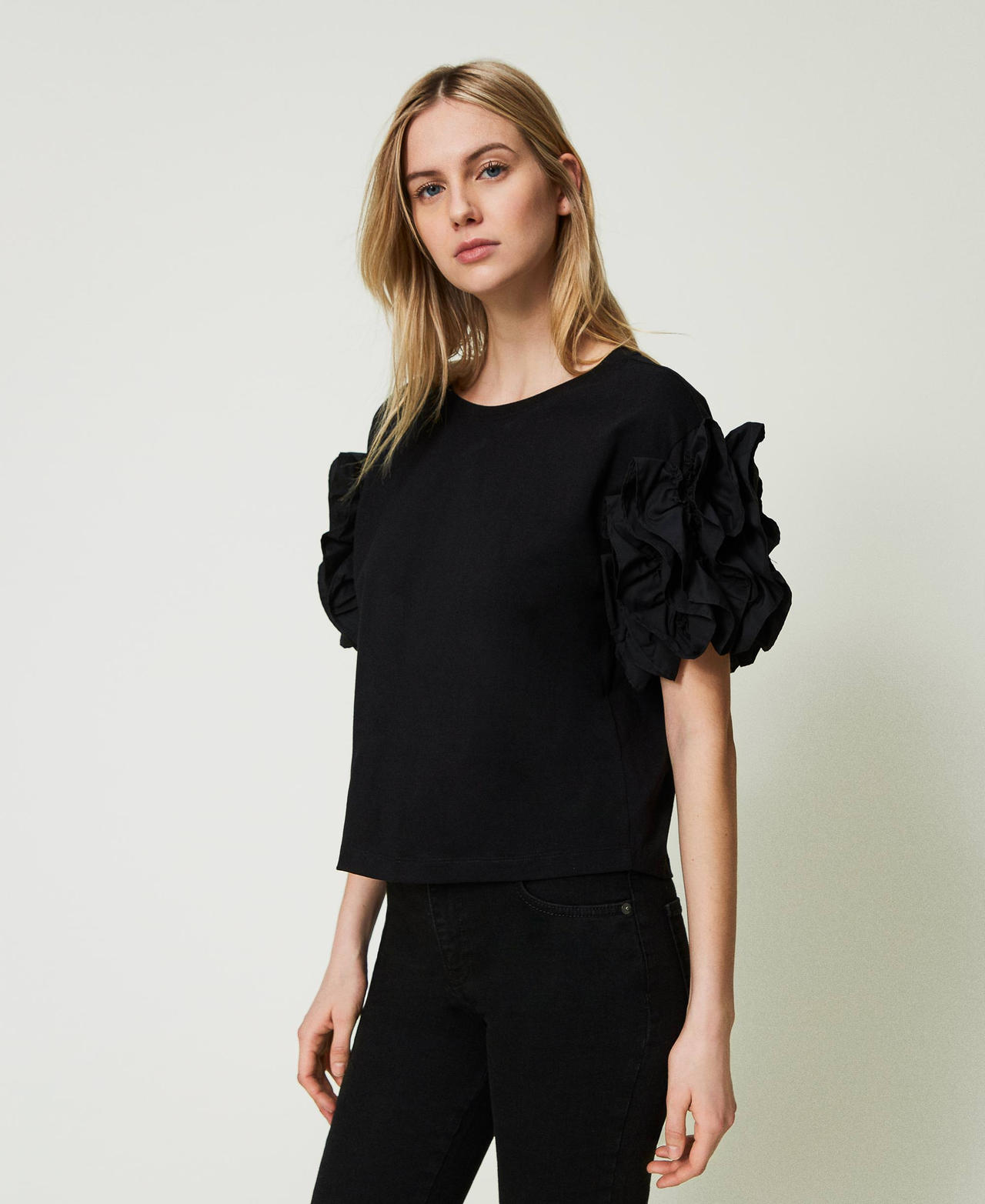 T-shirt avec volants en popeline Noir Femme 241AT2181-02