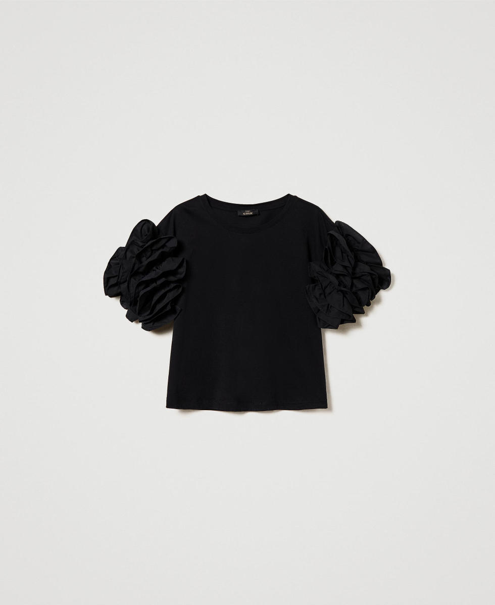 T-shirt con volant in popeline Nero Donna 241AT2181_00006_S0