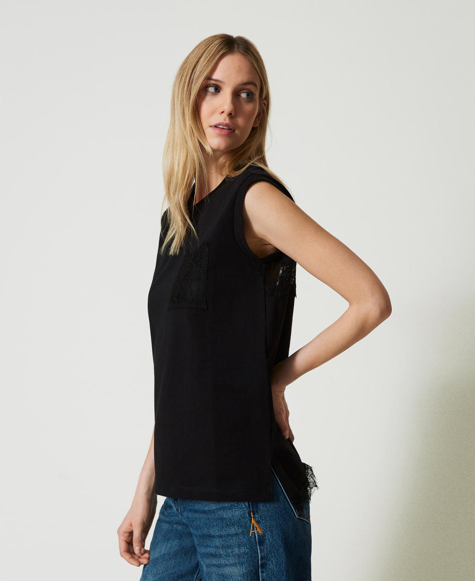 T-shirt regular avec dentelle Noir Femme 241AT2190_00006_03