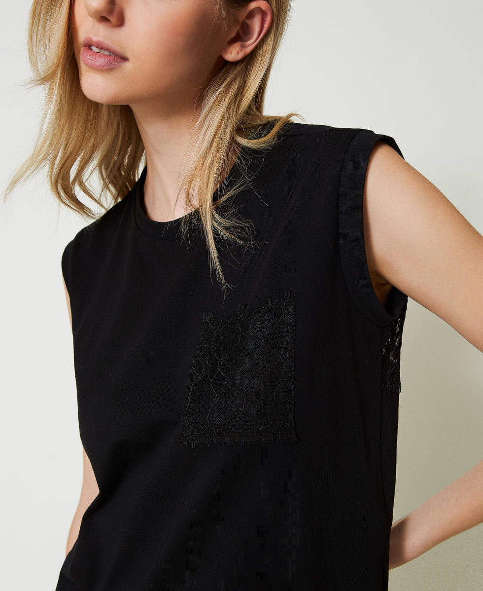 T-shirt regular avec dentelle Noir Femme 241AT2190_00006_05