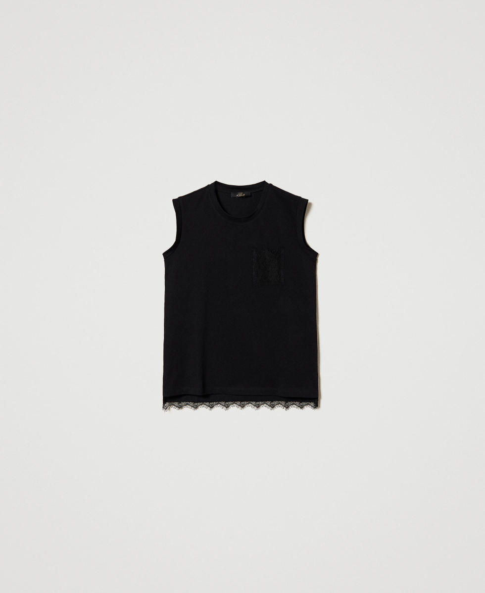 T-shirt regular avec dentelle Noir Femme 241AT2190_00006_S0